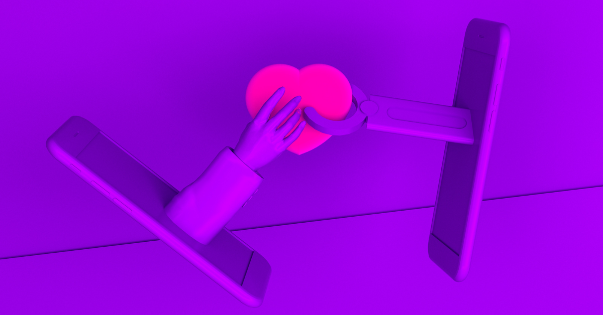 Two iphones face each other; robot arms extend outwards from each phone to grip a pink heart. The vibe is purple.